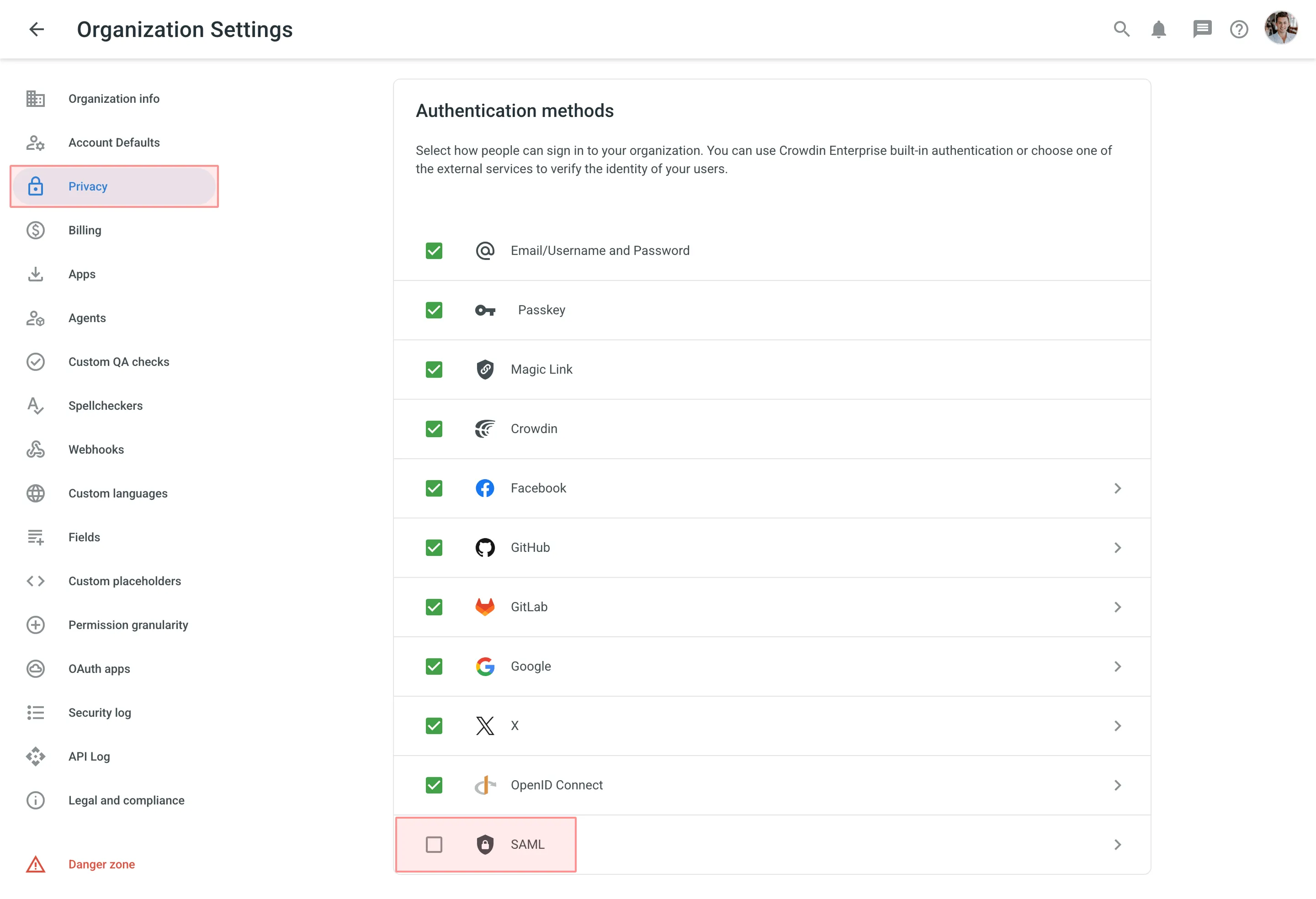 SAML authentication method